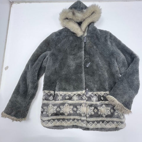 Vintage Y2K Seventh Avenue Gray Faux Fur Fair Isle Toggle Jacket Women's L