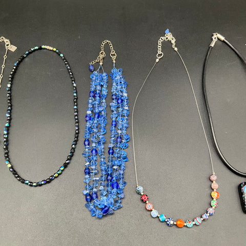 Costume Jewelry Lot 9 Necklaces Mixed Styles Blue Black Art Glass Nine West
