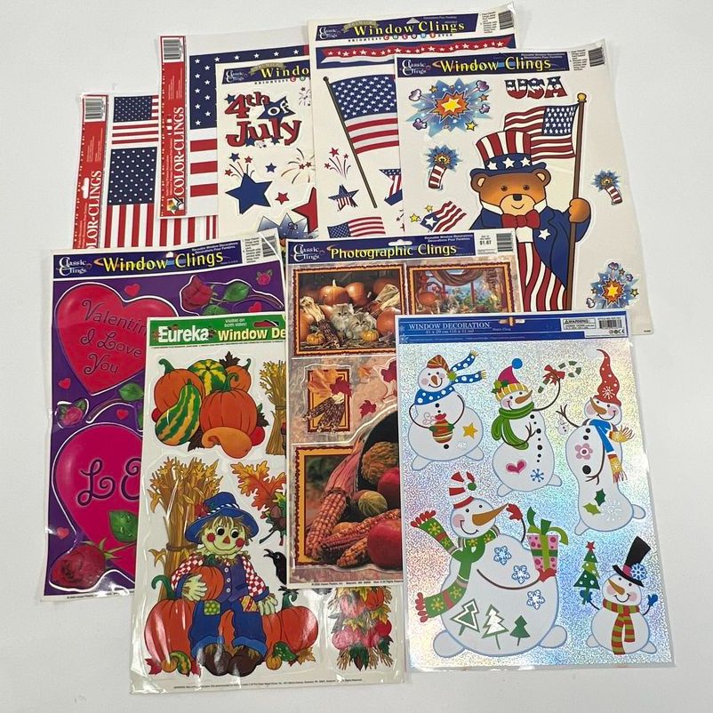 Vintage Y2K Assorted Holiday Window Clings Flag Valentine's Thanksgiving Winter