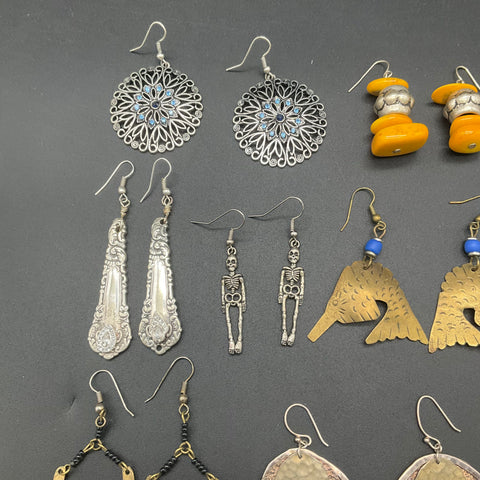 Boho Eclectic Artisan Earring Lot 14 Pairs Moon Skeleton Leaf Geometric Styles
