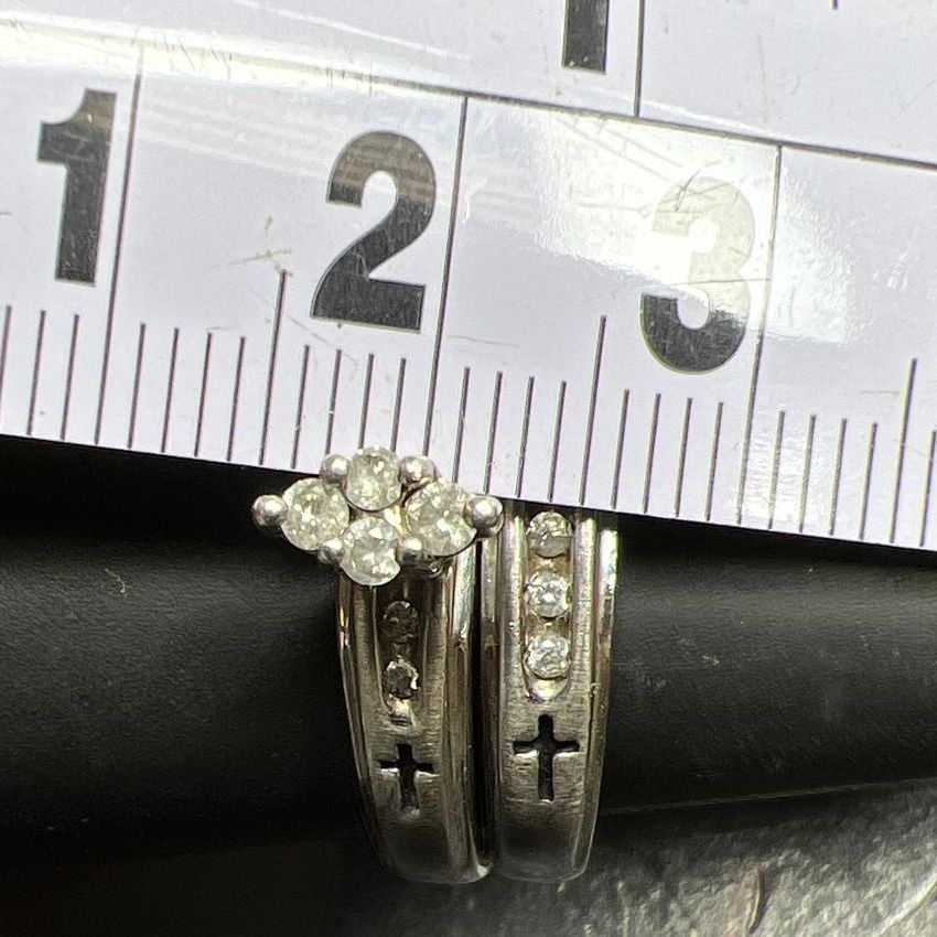 Sterling Silver Diamond Crosses Ring Christian Engagement Wedding Set 7.88g