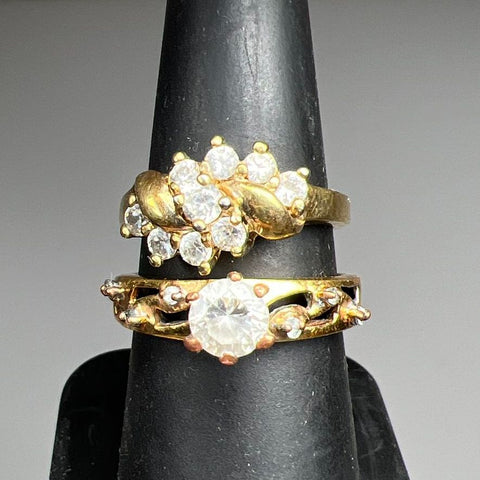Vintage Lind GP Gold Plated Rhinestone Ring Lot of 2 Cluster Solitaire Sz 6.5