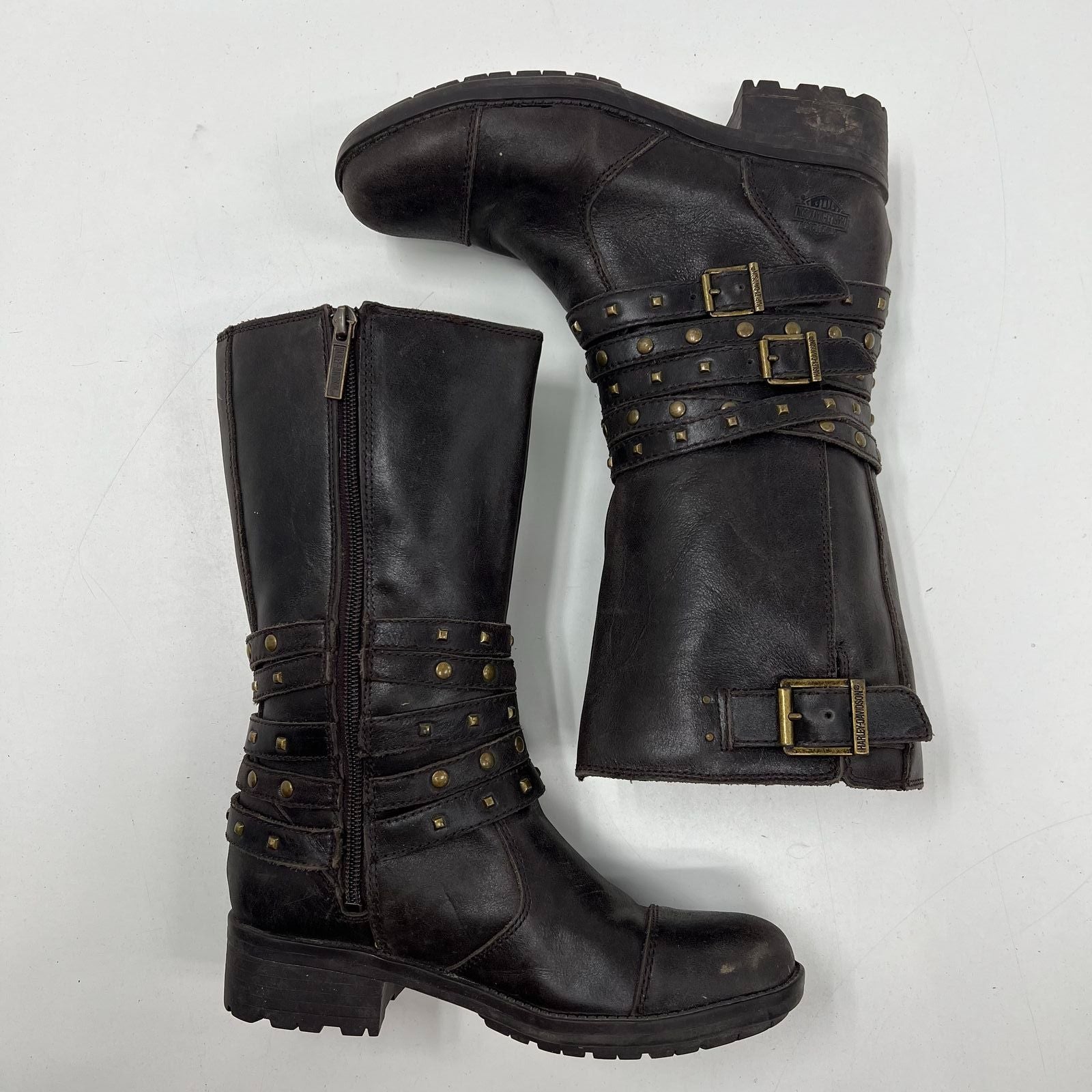 Harley-Davidson Robbie Brown Leather Studded Moto Biker Boots Womens Sz 5.5