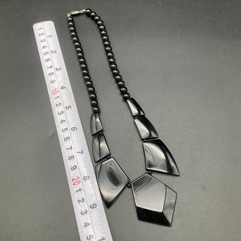 Vintage Black Glass Beaded Necklace Geometric Art Deco Style 18 Inch