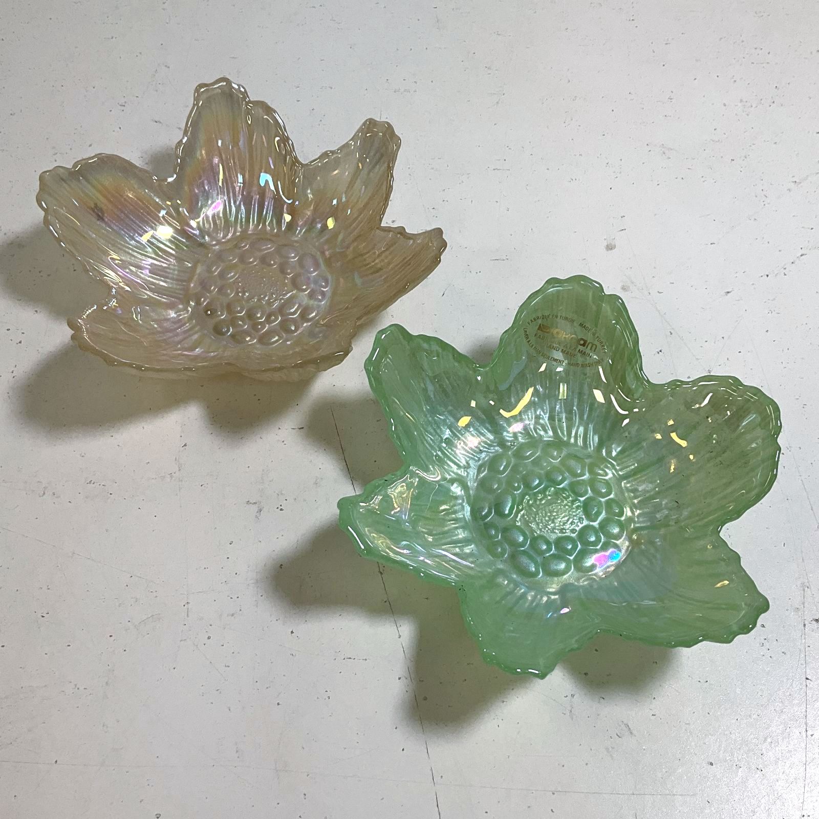 Akcam Lot 2 Iridescent Glass Flower Bowls Green & Cream Hand Made Turkish Art