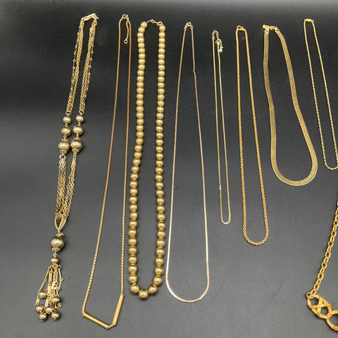 Gold Tone Costume Jewelry Lot 11 Necklaces Chains Tassel Brown Stone 0.6lb