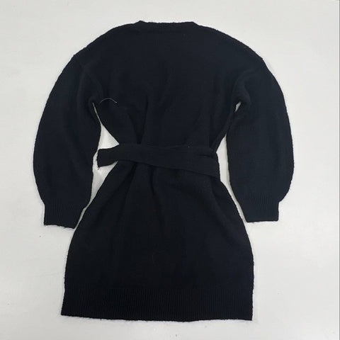 Saks Fifth Avenue Women's Sweater Dress Black Belted Puff Sleeve Button Sz L