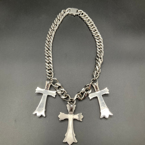 Heavy Silver Tone Ornate Triple Cross Curb Chain Necklace Gothic Style 392g