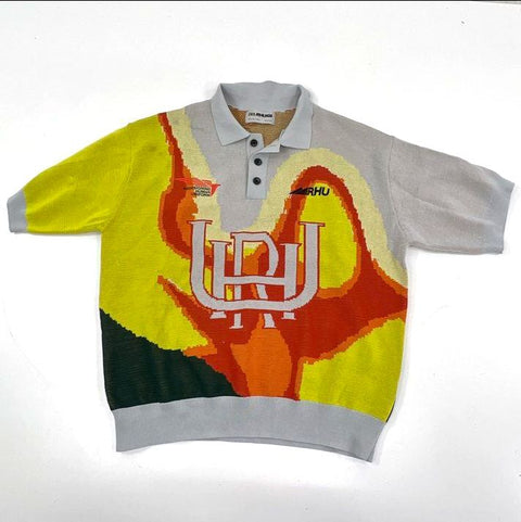 Zara Rhuigi Men's Multicolor Abstract Graphic Knit Polo Shirt Size XL