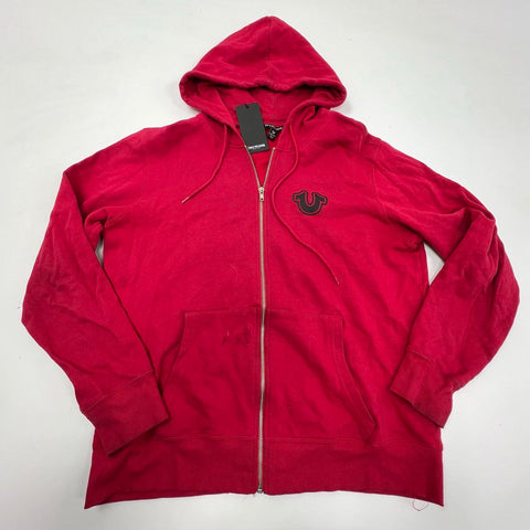True Religion Men's Red Core Zip Up Buddha Graphic Hoodie Size XXL