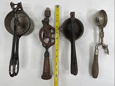 Vintage Kitchen Utensil Lot (5) Townsend Skinner Indestructo Scoop Hand Drill