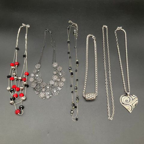 Silver Tone Fashion Jewelry Lot of 6 Statement Necklaces Heart Floral Bib