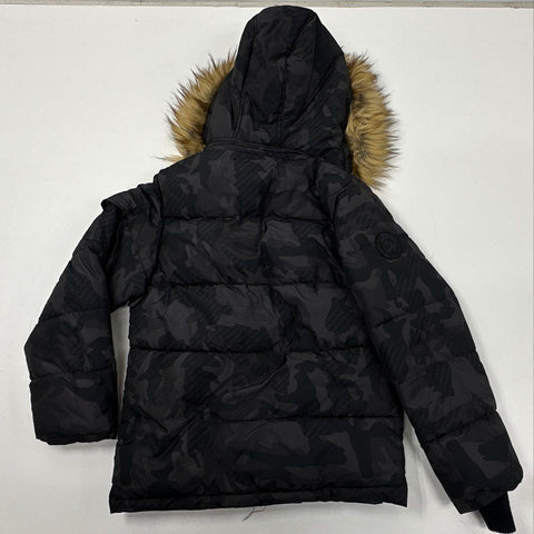 Diesel Kids Black Gray Camo Puffer Coat Faux Fur Hood Parka Sz M 10/12