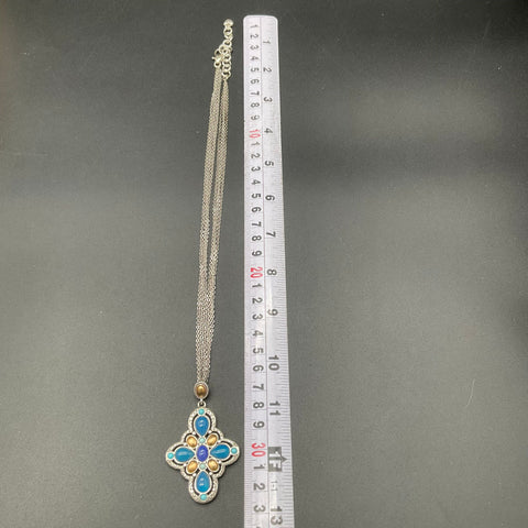 Brighton Nadia Cross Necklace Silver Tone Blue Gold Cabochon Pendant Scrollwork