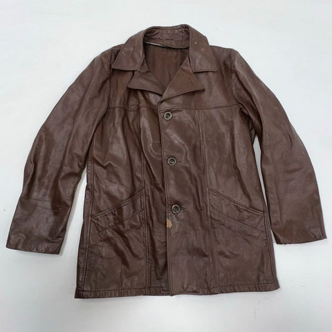 Vintage 70s Men's Brown Leather Button Front Car Coat Jacket Size 40