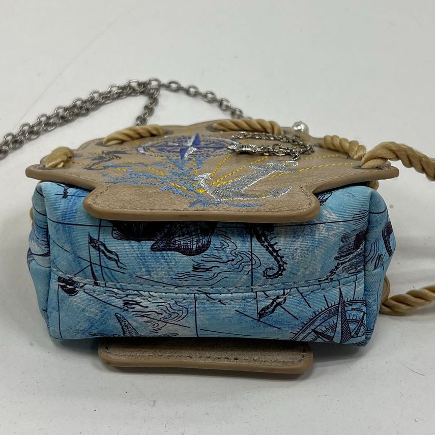 Vendula London Nautical Shell Embroidered Kiss Lock Crossbody Purse Bag Tan Blue