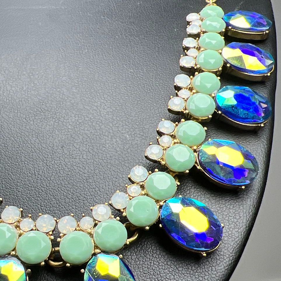J. Crew Blue Iridescent Rhinestone Statement Necklace with Pouch