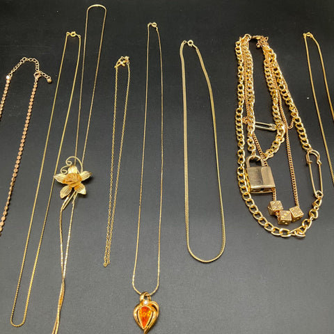 Gold Tone Fashion Necklace Jewelry Lot 11pc Initial M Flower Heart Padlock
