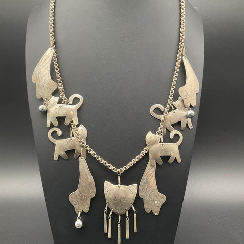 Vintage Silver Tone Whimsical Boho Cat Multi-Charm Statement Necklace 32"