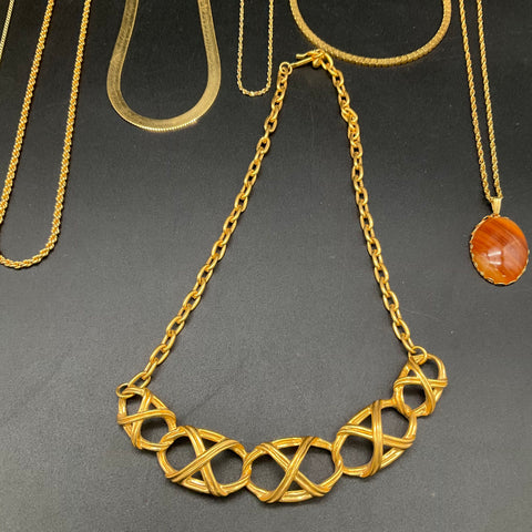 Gold Tone Costume Jewelry Lot 11 Necklaces Chains Tassel Brown Stone 0.6lb