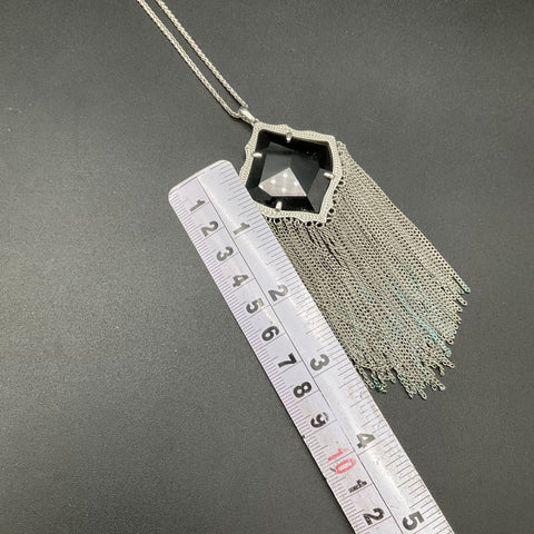 Kendra Scott Silver Tone Rayne Tassel Necklace Black Stone Long Adjustable