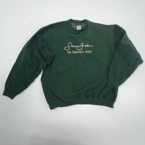 Vintage Y2K Sean Jean Men's Green Embroidered Signature Crewneck Sweatshirt XL