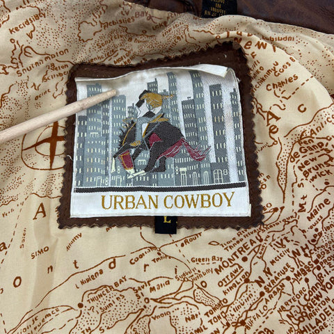 Vintage 80s Urban Cowboy Leather Bomber Flight Jacket Map Lining Distressed Sz L