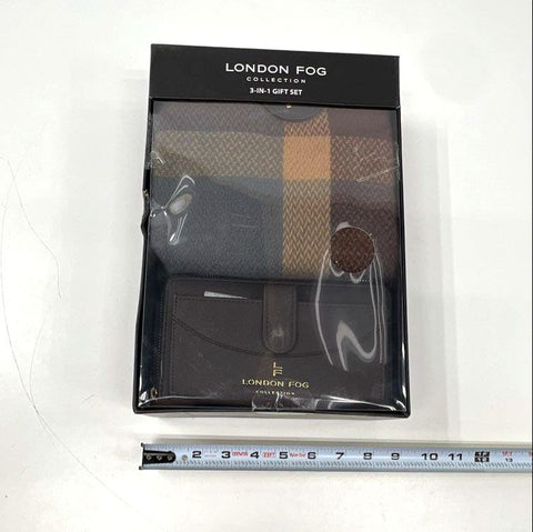 London Fog Men's 3pc Gift Set Plaid Scarf Brown Card Holder Wallet NIB