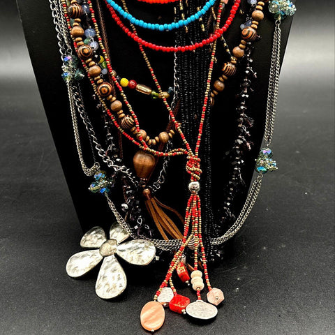 Boho Eclectic Jewelry Lot 15+ Necklaces Wood Seed Bead Tassel Flower Pendants