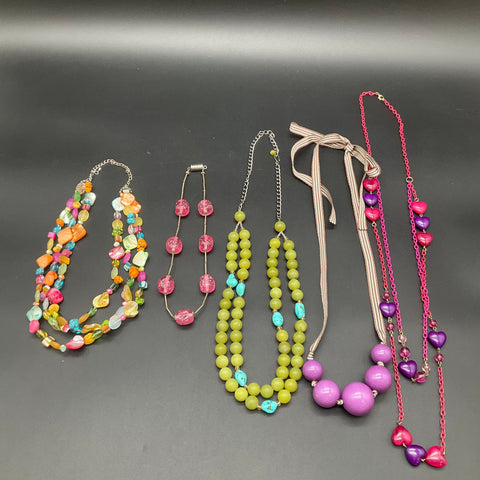 Colorful Costume Jewelry Lot of 5 Necklaces Hearts Shell Beads Ribbon Boho