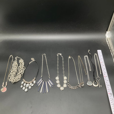 Costume Jewelry Necklace Lot 10pc Silver Tone Rhinestone Statement Pendant Bib