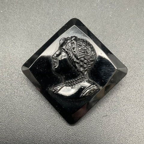 Vintage Czech Black Glass Cameo Brooch Pin Mercury Art Deco Style 1.25"