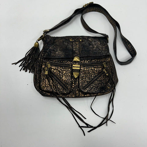 Rebecca Minkoff Copper Metallic Crackled Leather Flap Crossbody Bag Brass Tassel