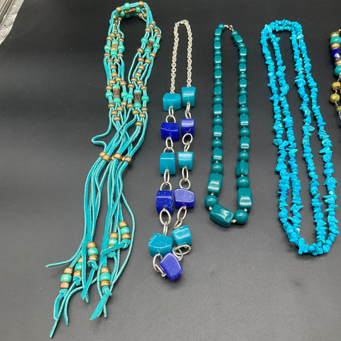 Southwestern Boho Beaded Jewelry Lot 6 Necklaces Turquoise Teal Blue Tones