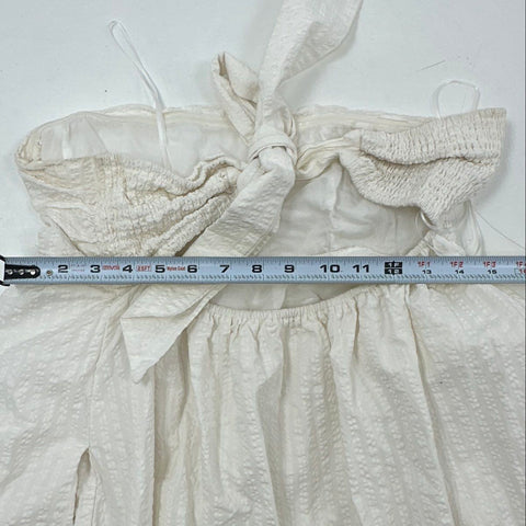 Maeve Anthropologie Women's White Tiered High-Low Seersucker Pom Pom Dress Sz L
