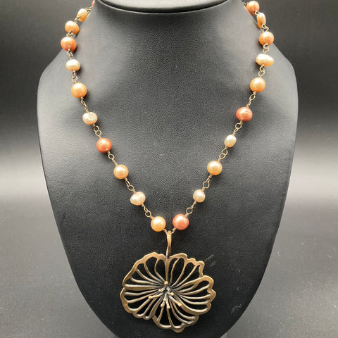 Extasia Bronze Tone Freshwater Pearl Large Flower Pendant Necklace 18" Signed