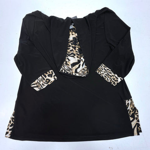 Michael Tyler Women's Black Hooded 3/4 Sleeve Leopard Print Trim Top NWT XXL