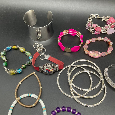 Vintage and Modern Jewelry Lot of 30 Bracelets Bangles Cuff Beaded Charms
