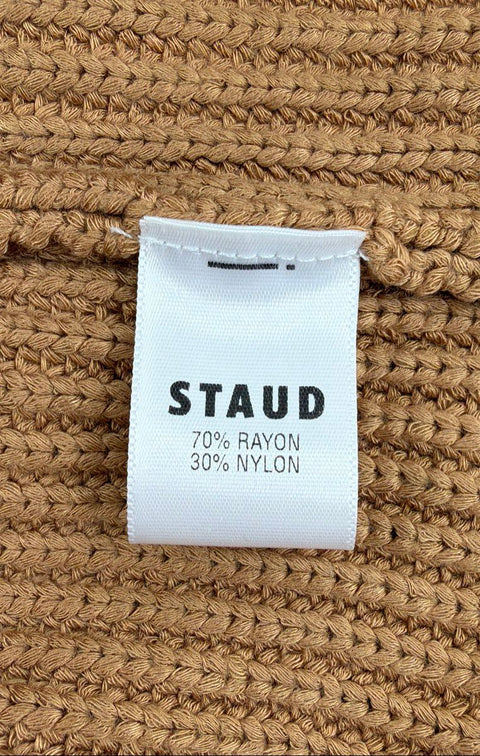 Staud Women's Camel Ribbed Knit Balloon Sleeve V-Neck Sweater Dress Sz S