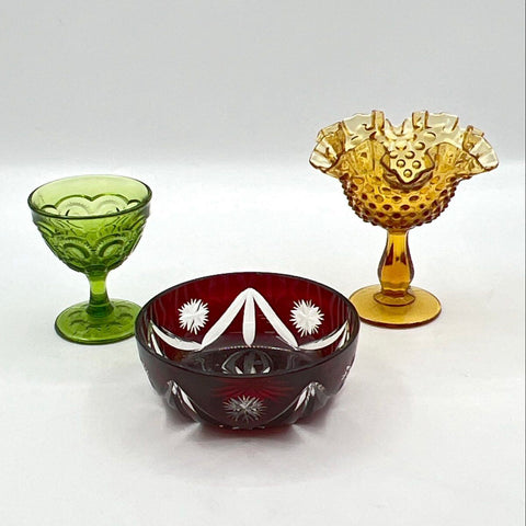 Colored Glass 3pc Lot L.E. Smith Moon Star Goblet Cut Ruby Bowl Vintage