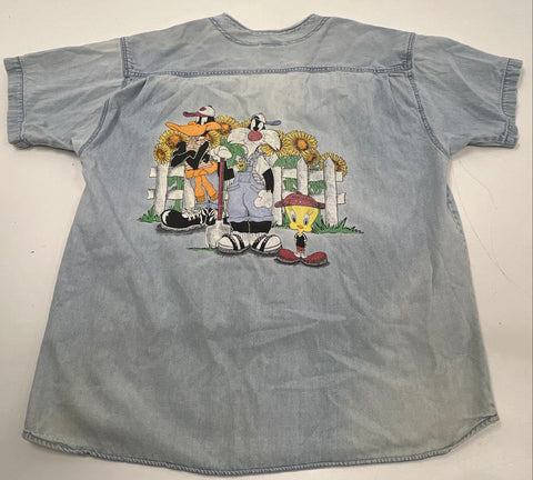 Vintage 90s Looney Tunes Embroidered Denim Shirt XL Daffy Sylvester Tweety