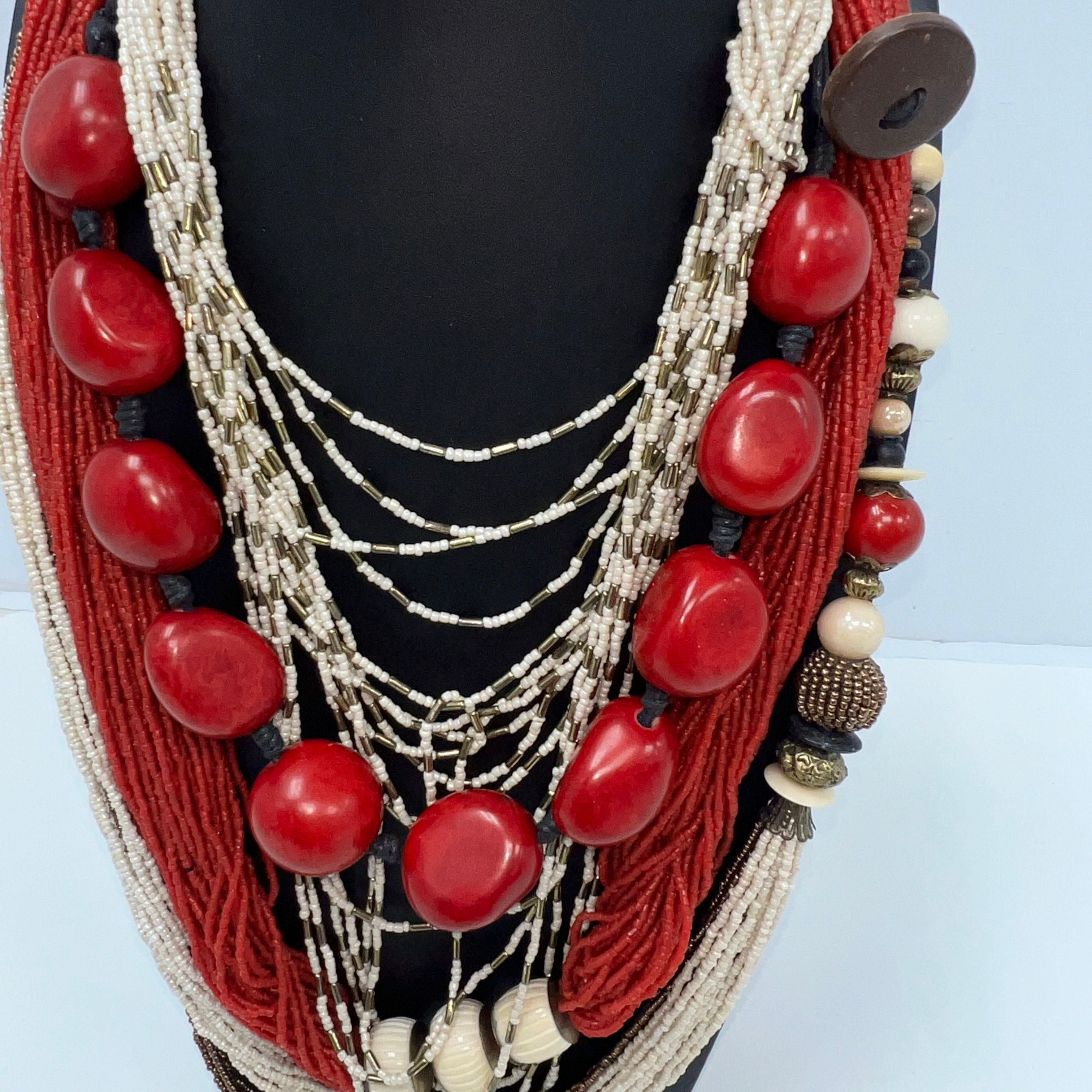 Lot of Seed Bead Red Off-White Tone Long Multilayer Necklaces Glass Bracelet