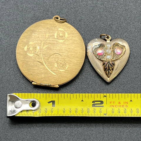 Vintage Gold Tone Jewelry Lot Floral Round Locket and Rhinestone Heart Locket