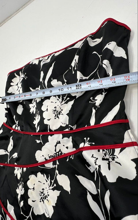 Vintage 90s Niki Livas Women's Black White Floral Strapless Tulle Dress Sz 14