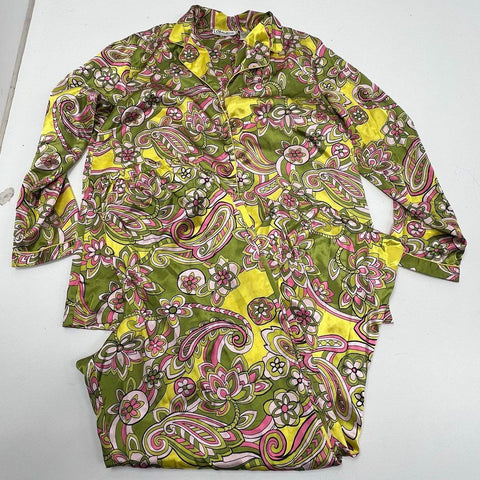 Vintage Y2K Chanteuse Women's Green Pink Paisley Satin Pajama Set Sz L