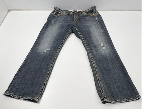 MEK Men's Natal Bootcut Jeans Dark Wash Thick Stitch Distressed Sz 38x34