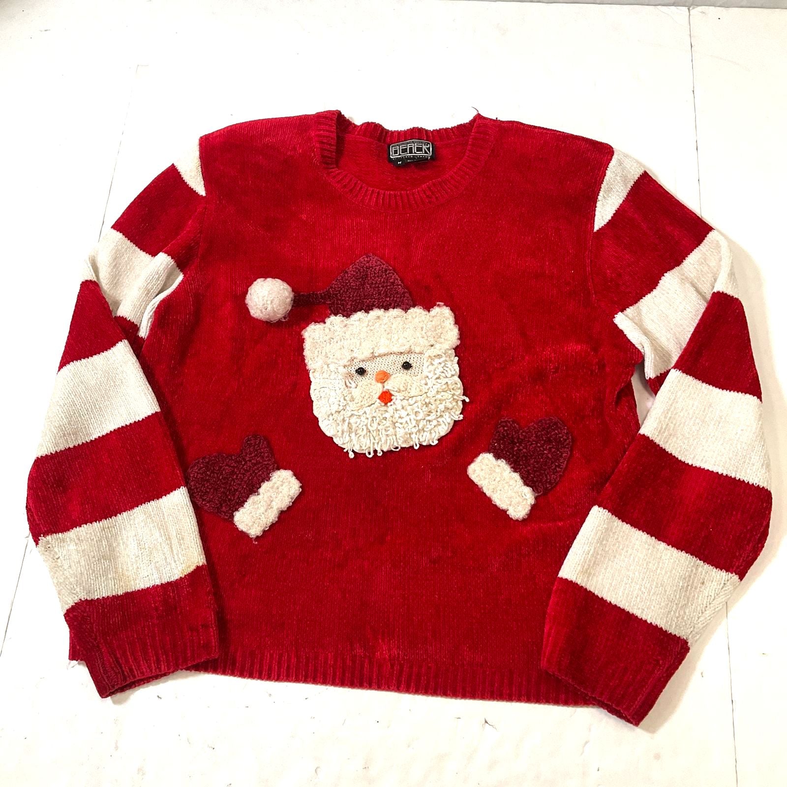 Berek 2 Red White Stripe 3D Santa Chenille Christmas Sweater Women's M Vintage