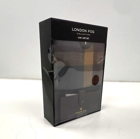 London Fog Men's 3pc Gift Set Plaid Scarf Brown Card Holder Wallet NIB