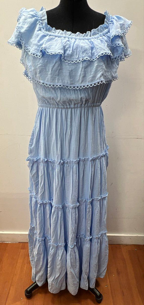 Crown & Ivy Women's Jazz Blue Ruffle Eyelet Tiered Maxi Dress NWT Size L