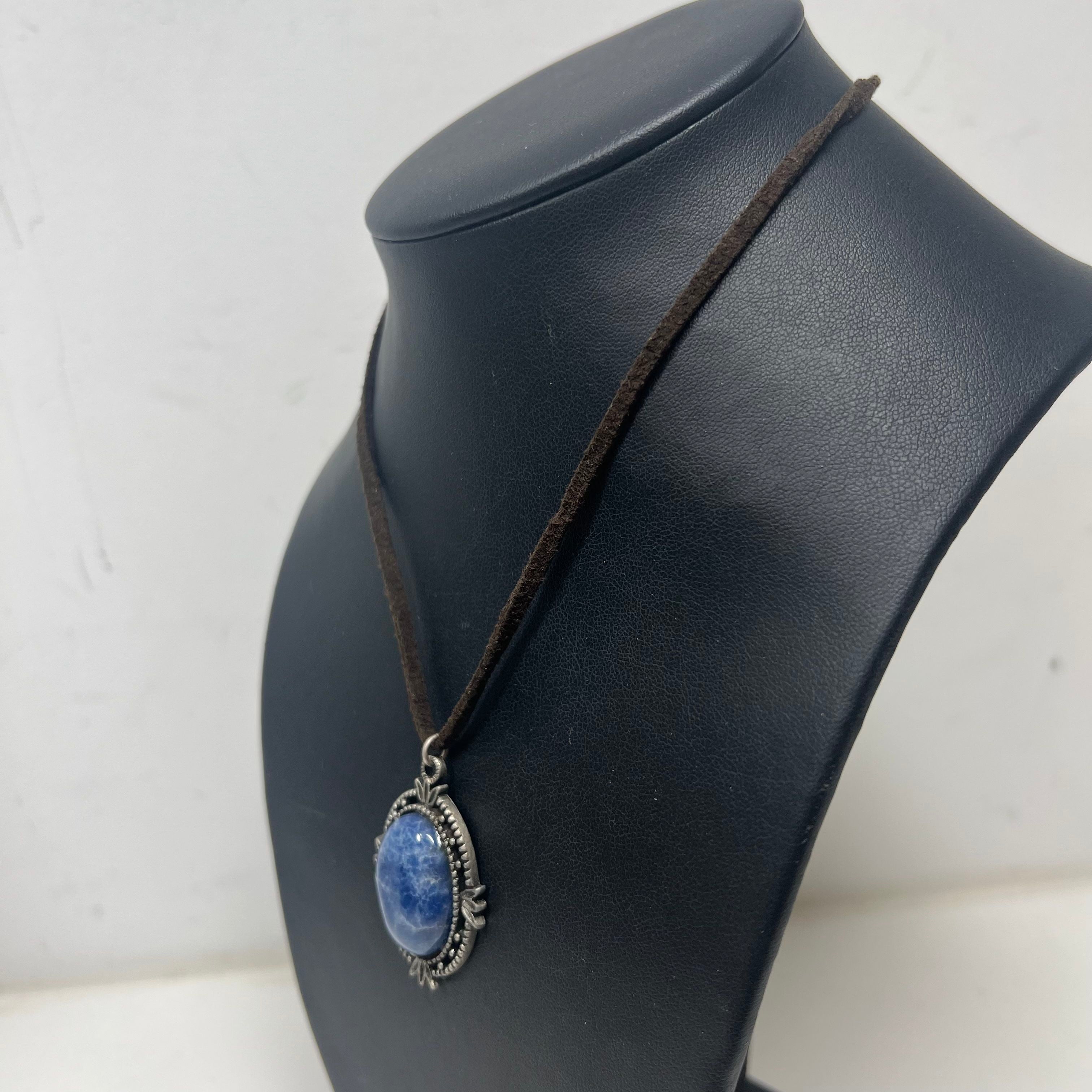 Vintage Robert Rose Blue Stone Pendant Silver Tone Hardware Brown Cord Necklace